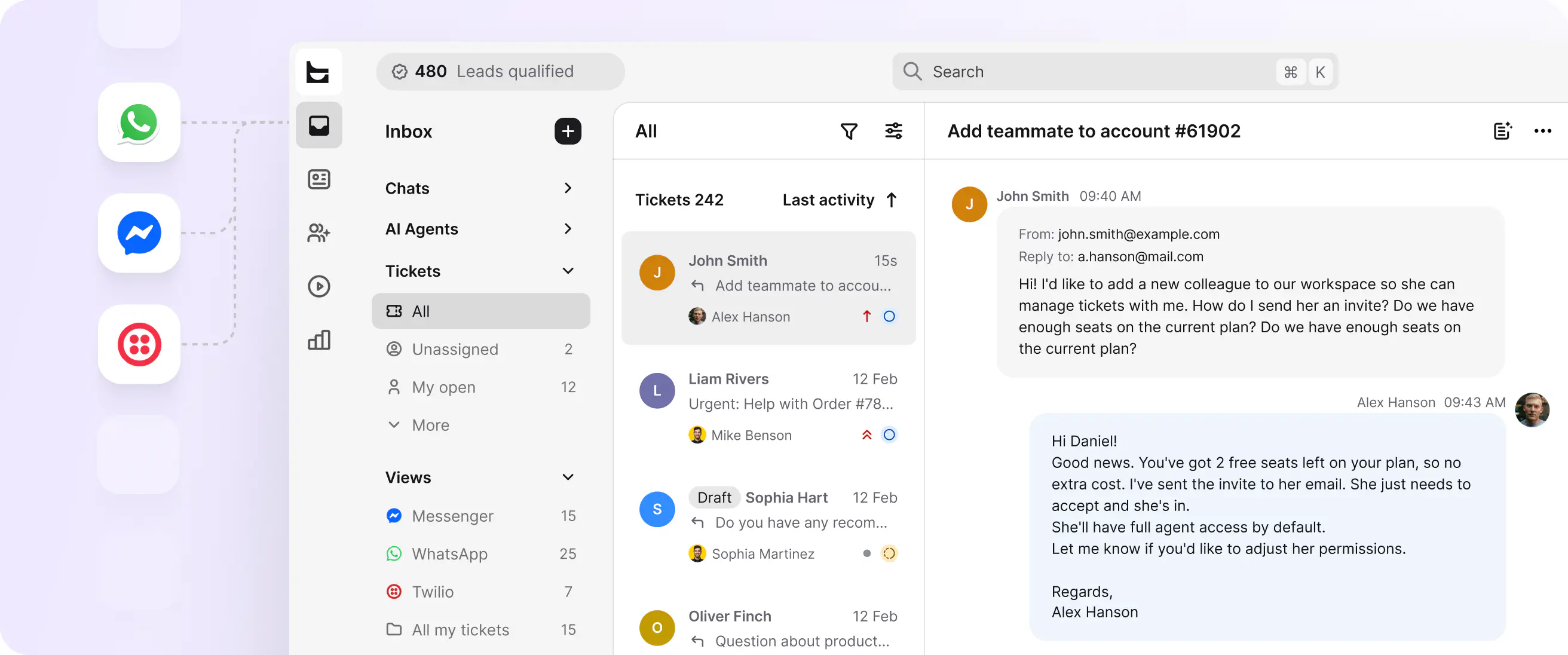 Text shared inbox connecting WhatsApp, Messenger, and Twilio conversations to one ticket queue