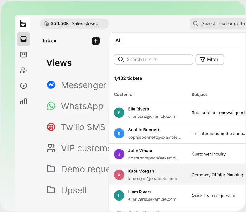 Ticket list in the HelpDesk.com AI help desk with priorities, teammates, and statuses