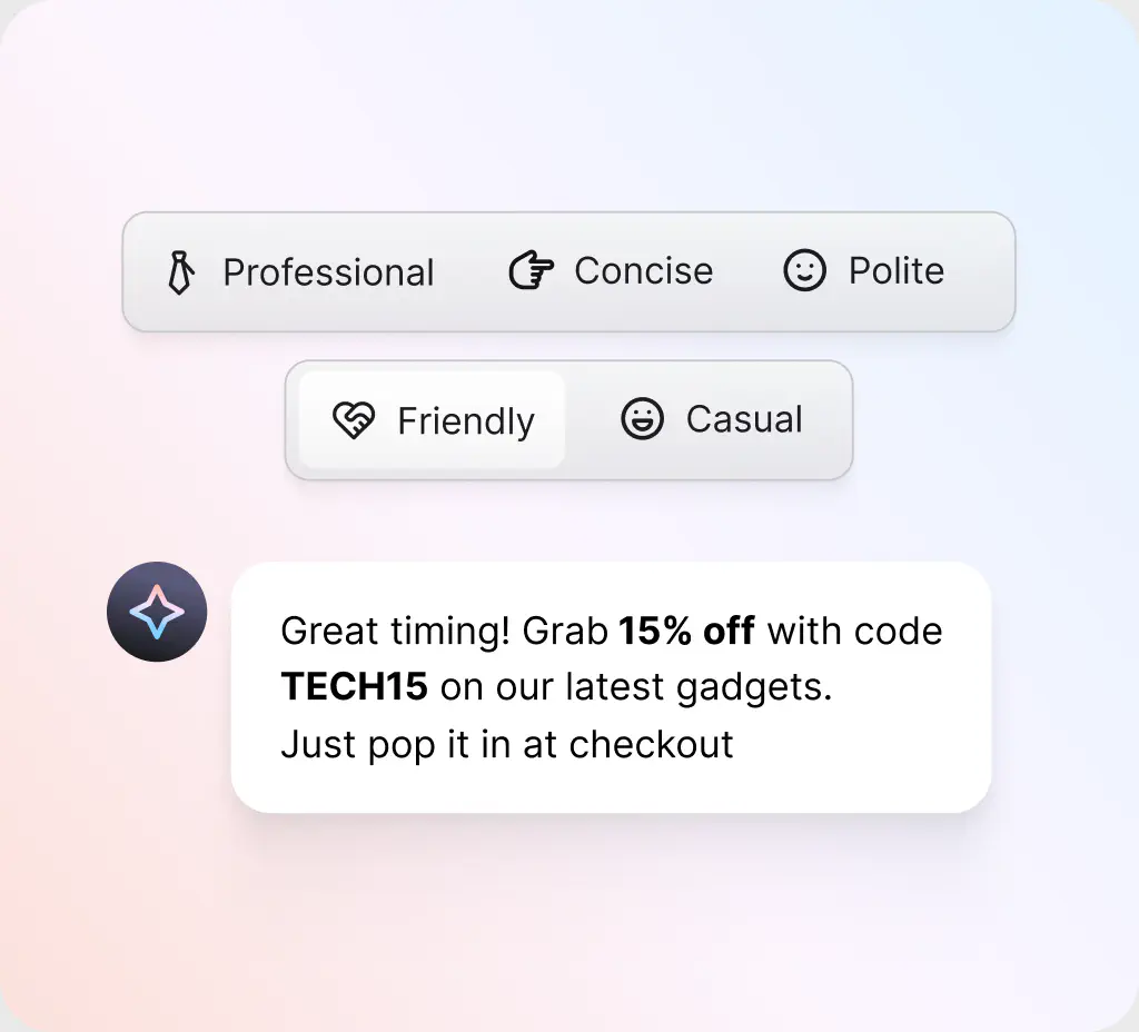 Tone options like professional, friendly, and casual applied to an AI reply