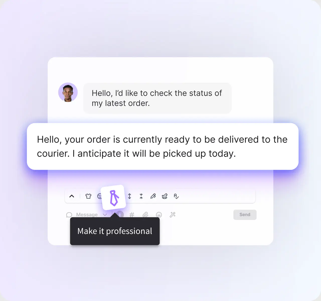AI text refinement making a ticket reply professional in HelpDesk.com