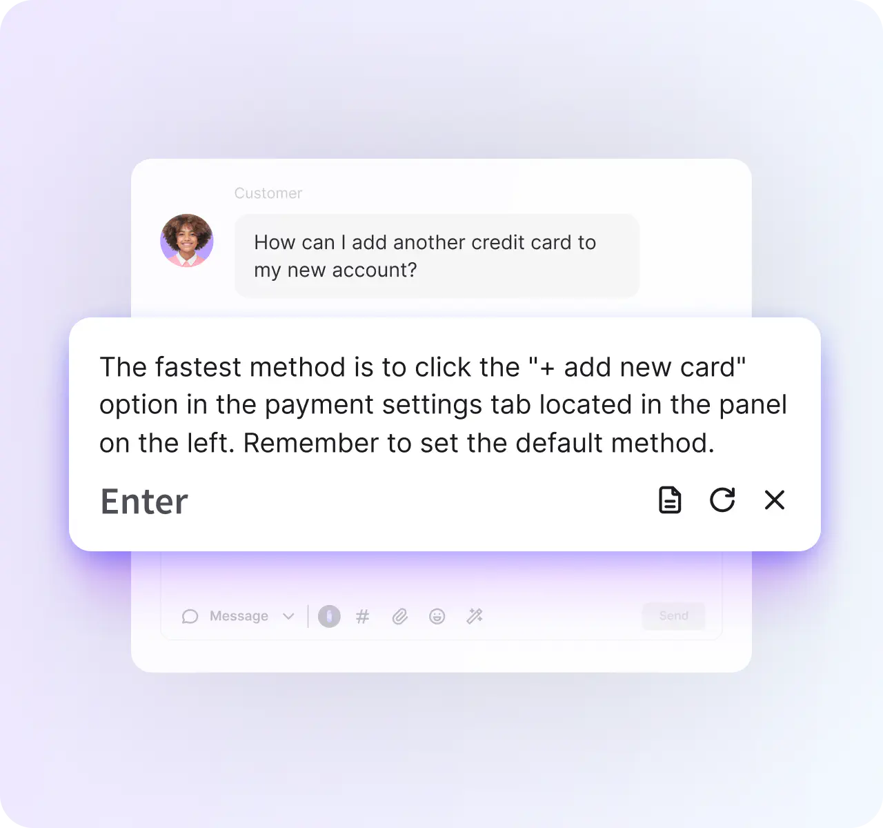 AI reply suggestion drafted from the knowledge base, ready to use in one click