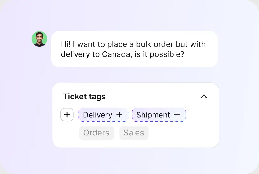 AI tag suggestions proposing delivery and shipment tags for a ticket