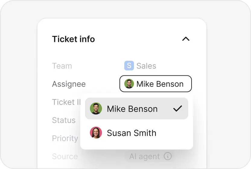 Assignee picker routing a ticket to a teammate in HelpDesk.com