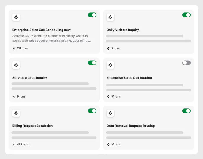 List of AI agent skills with toggles to enable or disable each one in HelpDesk.com
