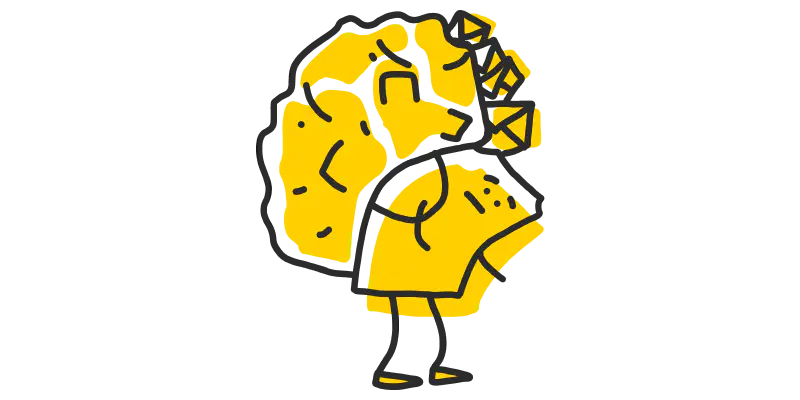 Unhappy ticket character who is bending under a heavy backpack.