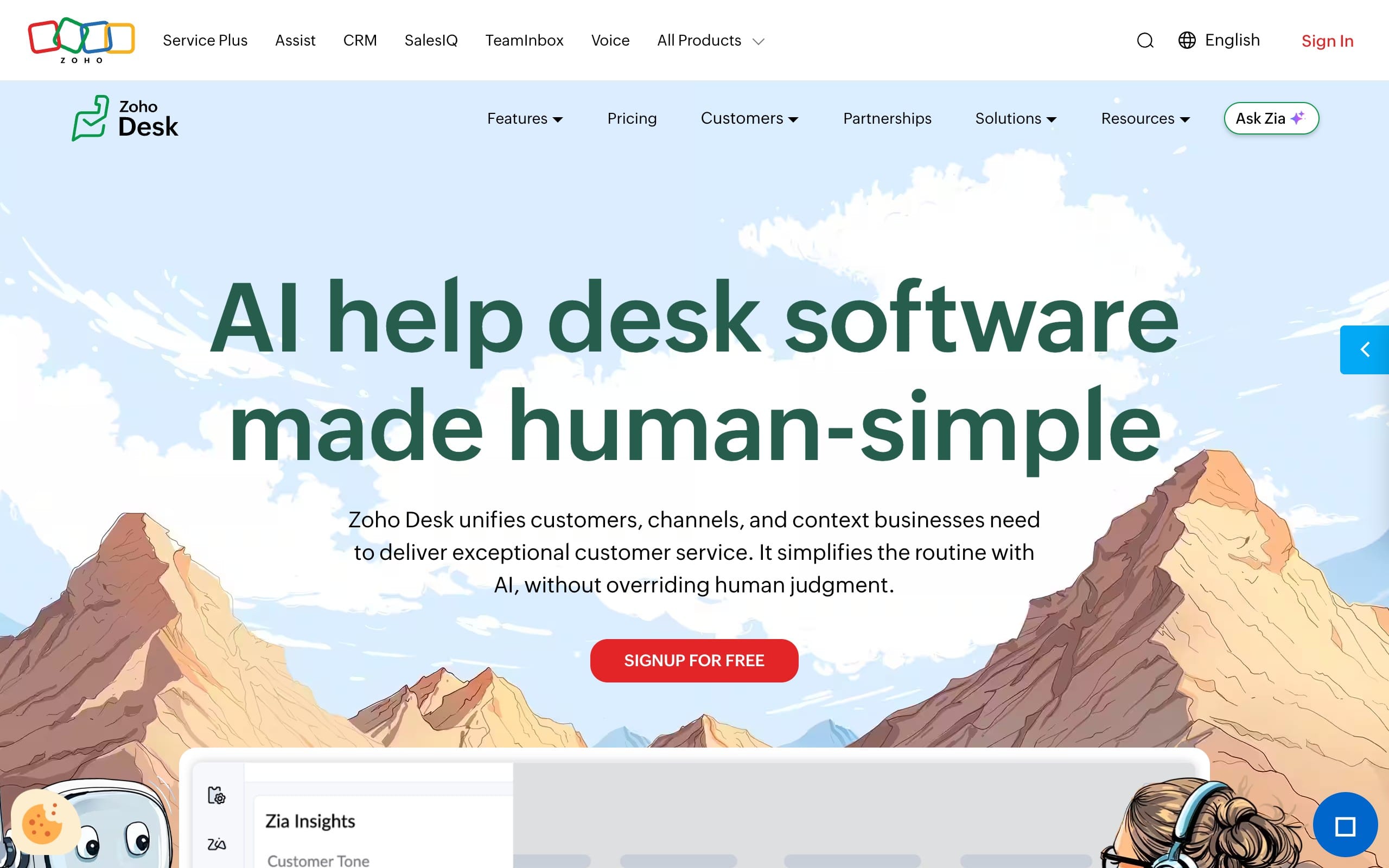 Zoho Desk landing page promoting AI help desk software with the headline AI help desk software made human-simple, a Sign up for free button, and top navigation for features, pricing, customers, partnerships, solutions, and resources.