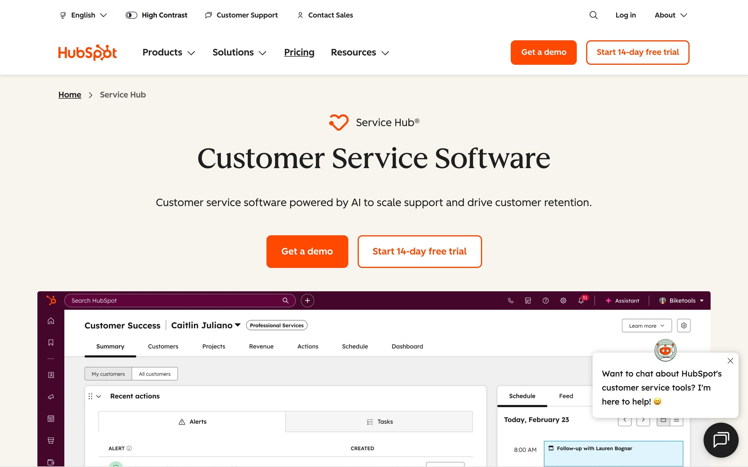 HubSpot Service Hub landing page with the headline Customer Service Software, describing AI-powered customer support tools and showing Get a demo and Start 14-day free trial buttons above a customer success dashboard preview.
