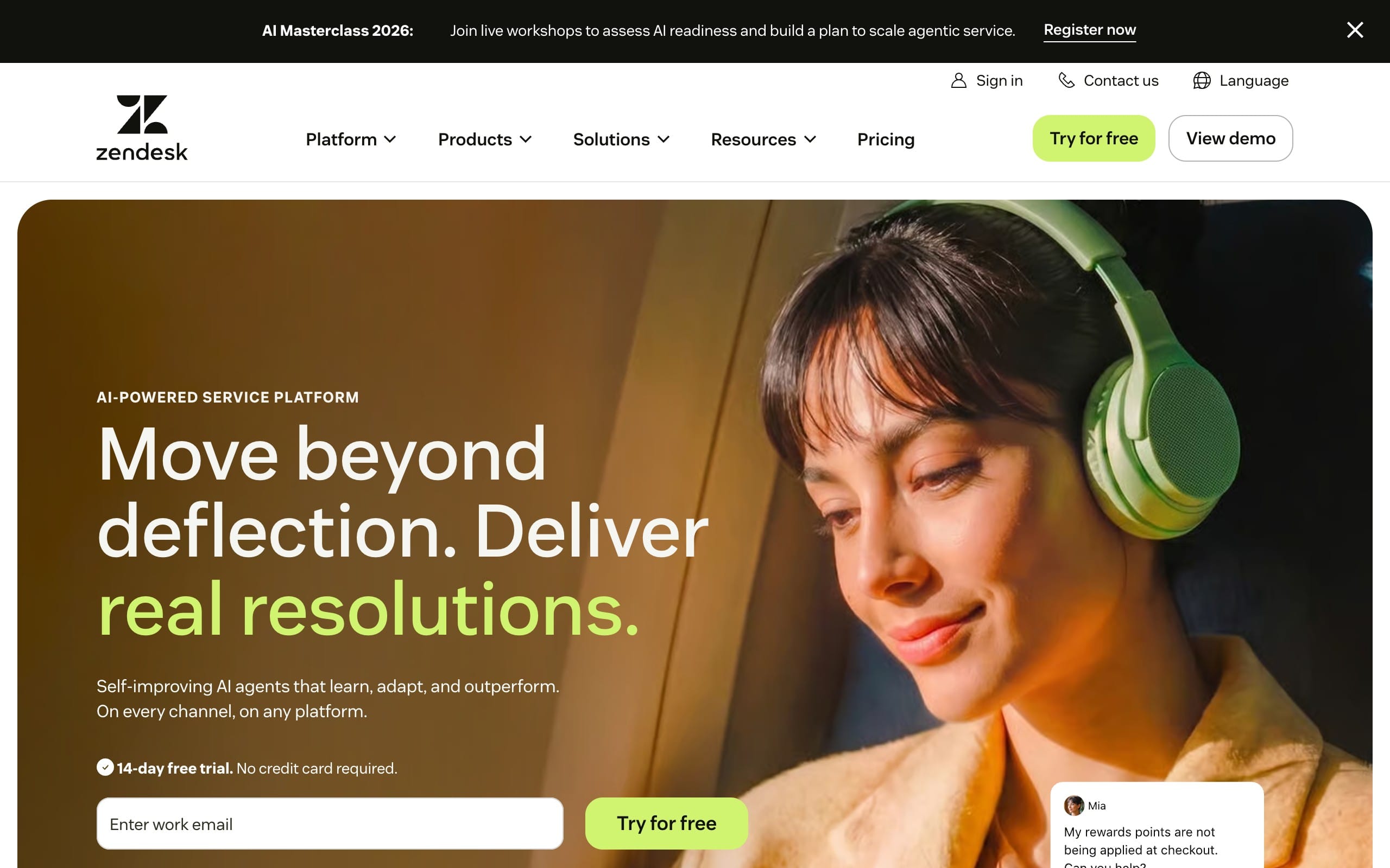 Zendesk homepage promoting its AI-powered service platform with the headline Move beyond deflection. Deliver real resolutions, alongside navigation links and try for free and view demo buttons.