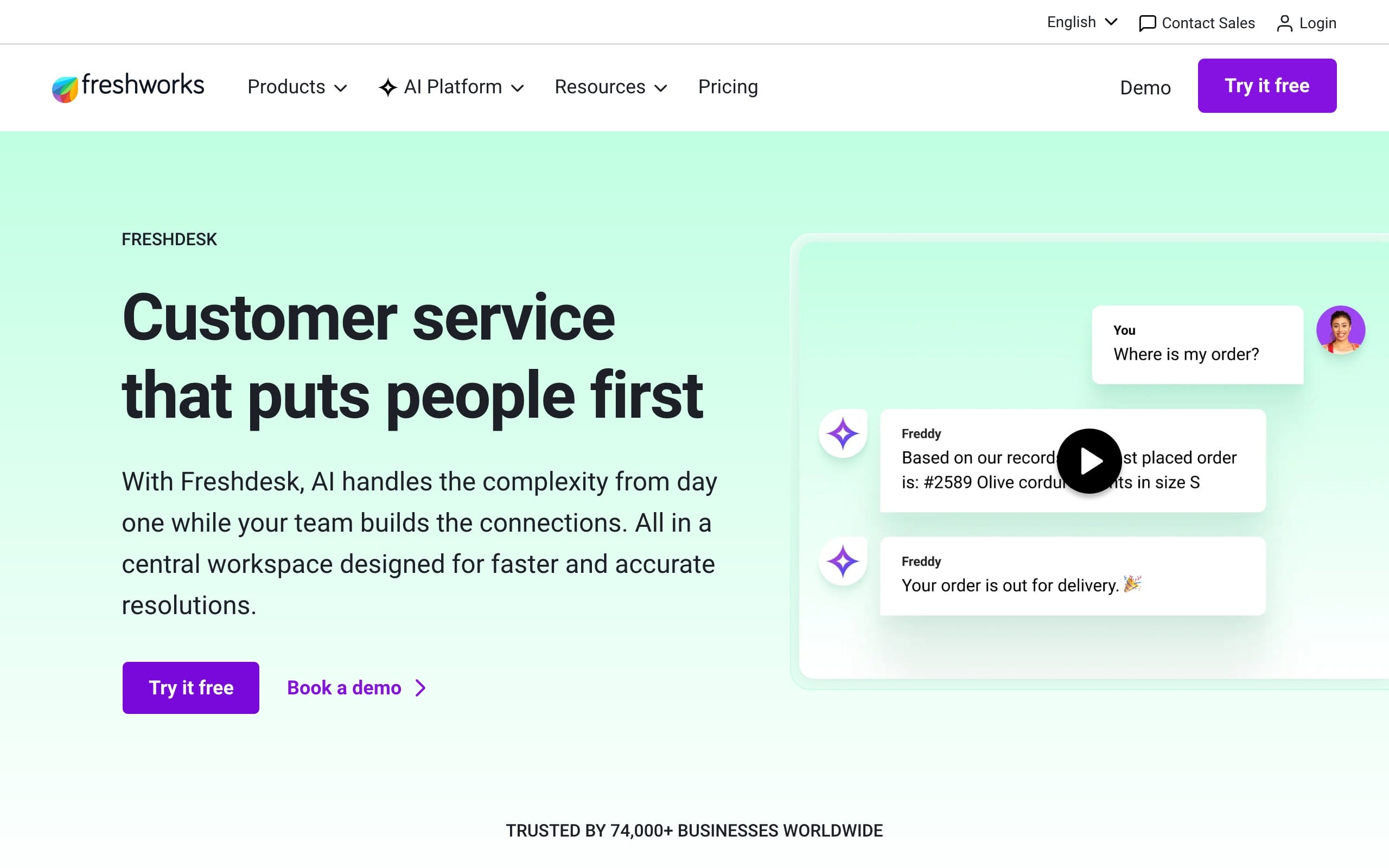 Freshworks Freshdesk landing page with a hero section promoting AI-powered customer service, featuring a Try it free button and a chat-style order status demo.