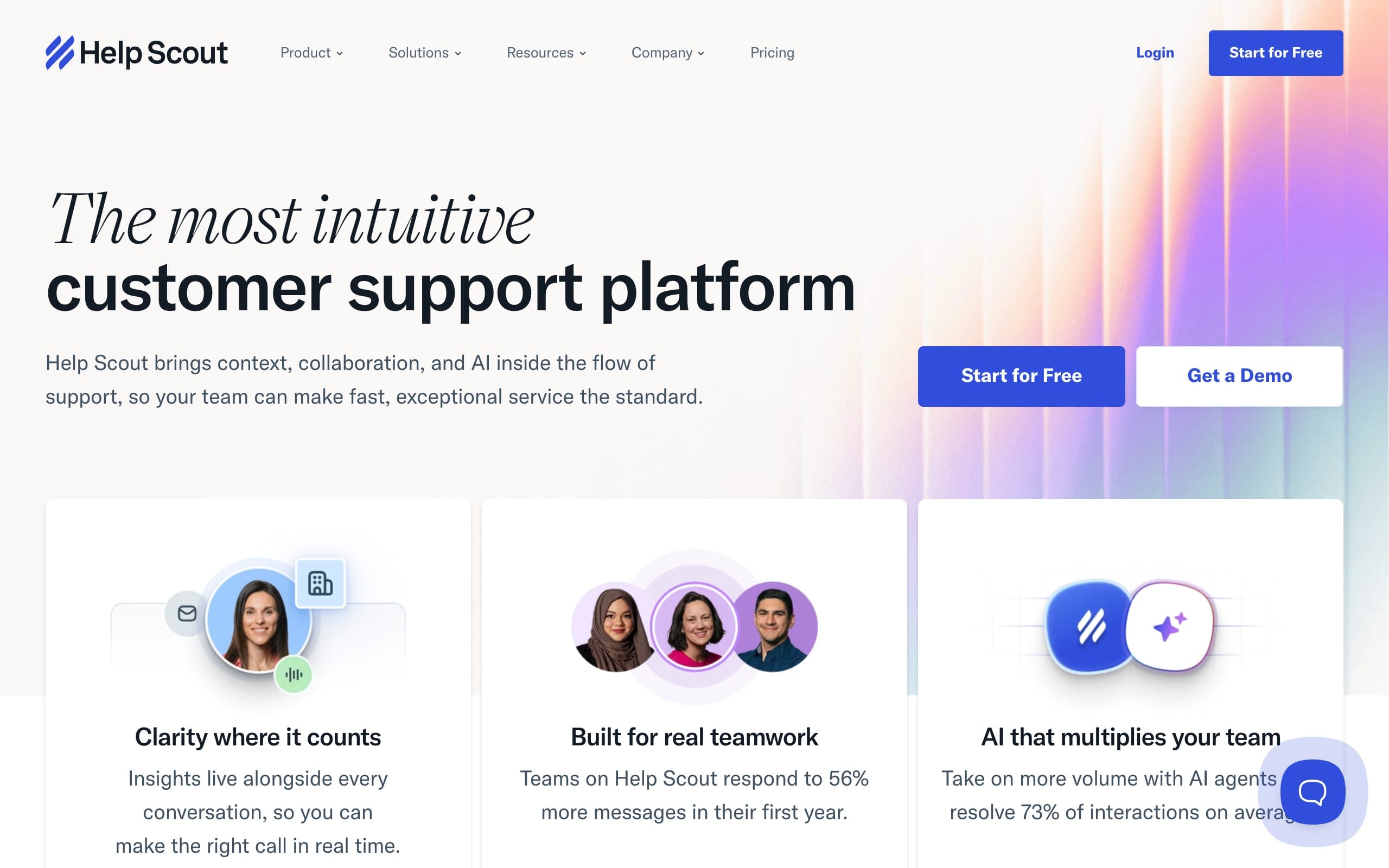 Help Scout homepage showing the customer support platform hero section with navigation links, Start for Free and Get a Demo buttons, and feature cards about clarity, teamwork, and AI assistance