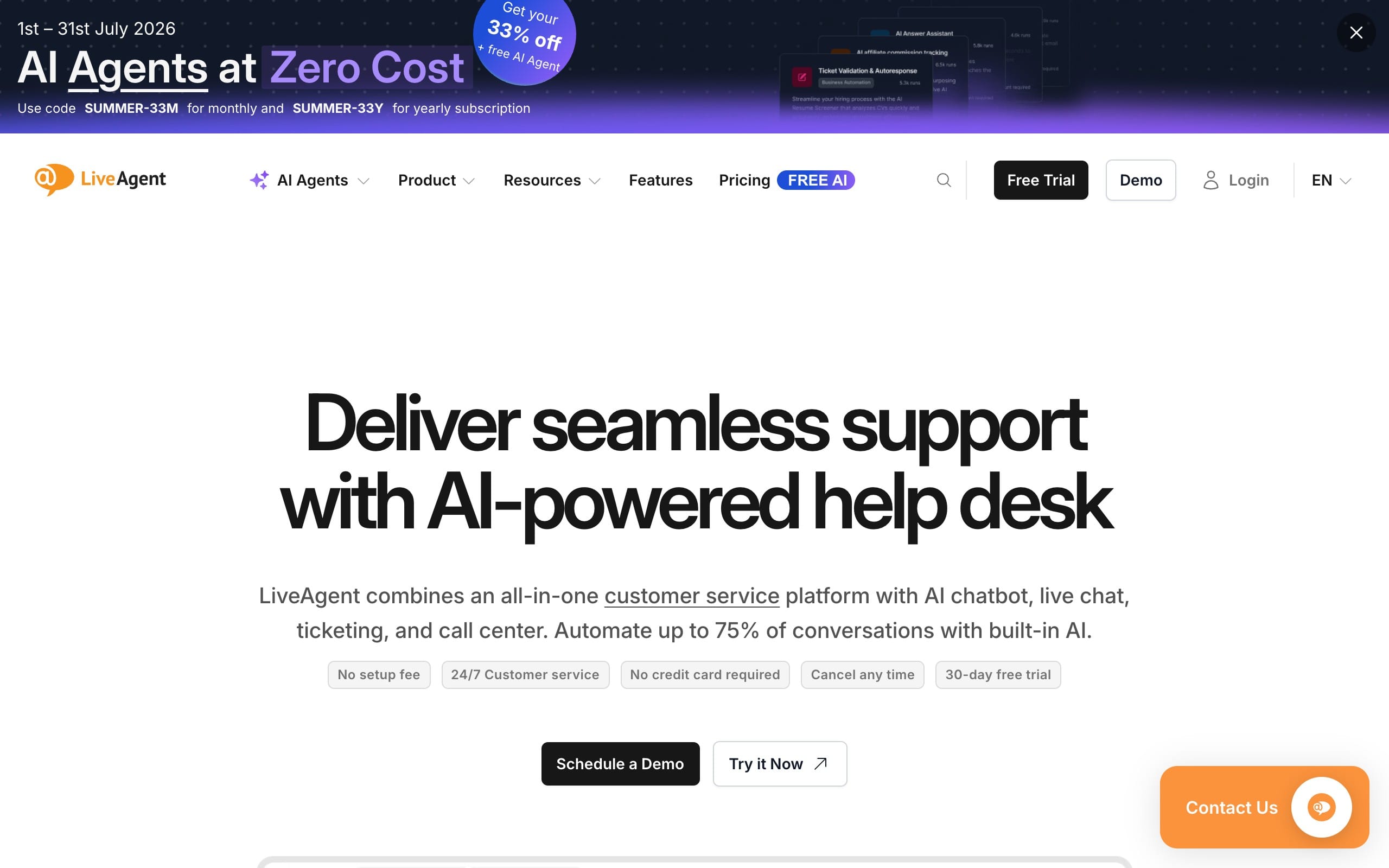 LiveAgent homepage with a top promo banner and navigation menu, featuring the headline Deliver seamless support with AI-powered help desk, trial and demo buttons, and a contact chat widget.