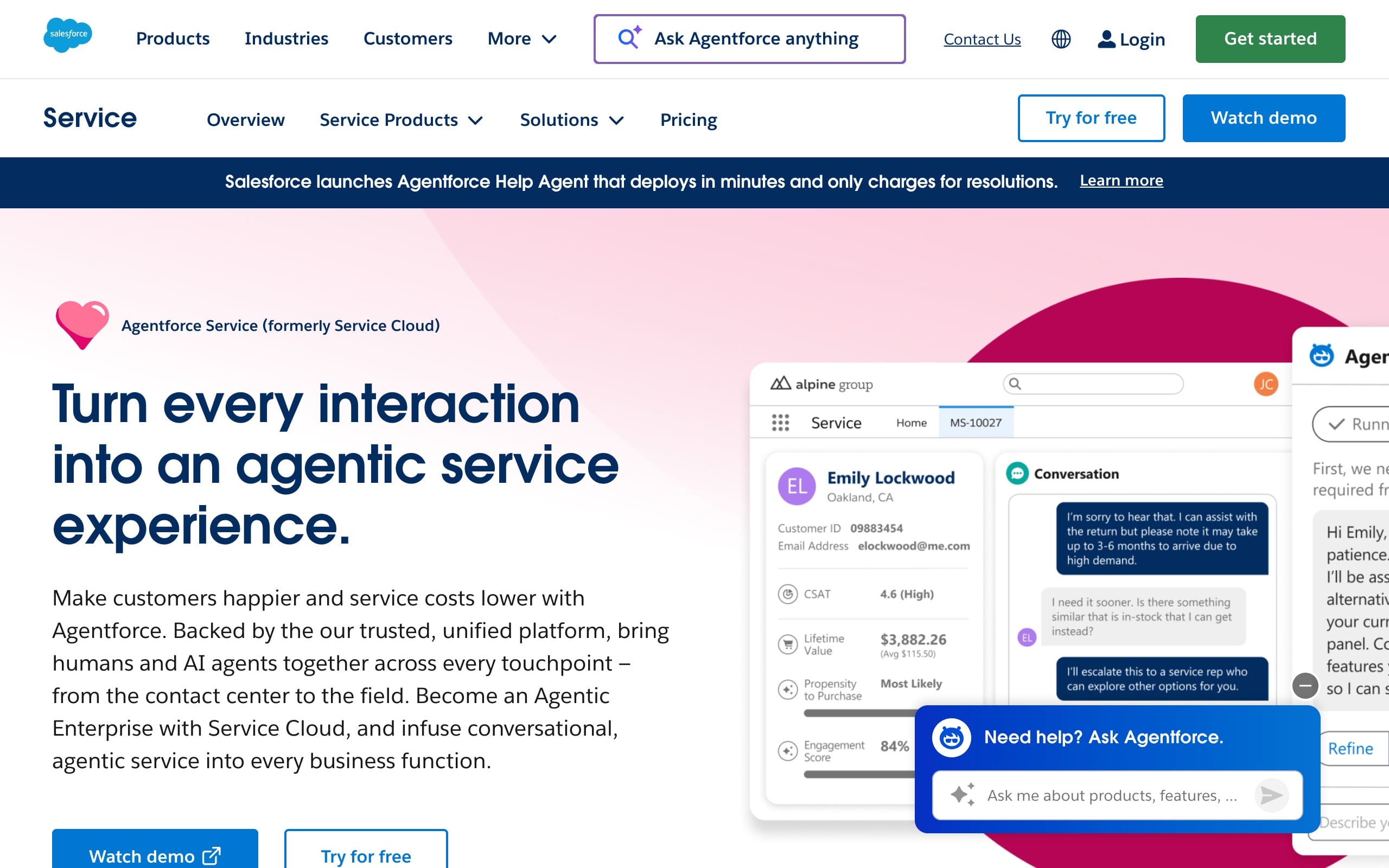 Salesforce Service Cloud landing page promoting Agentforce Service with the headline Turn every interaction into an agentic service experience and prominent Try for free and Watch demo buttons.