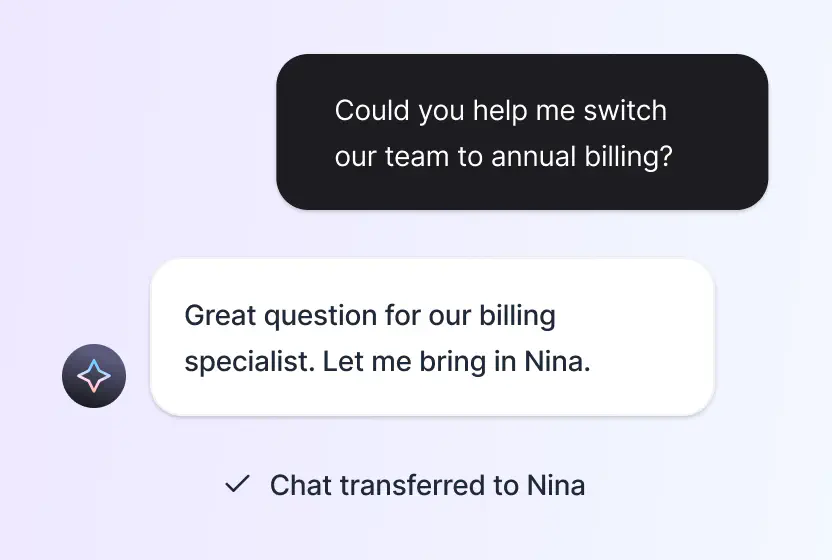 AI Agent transferring a billing chat to a specialist with full context