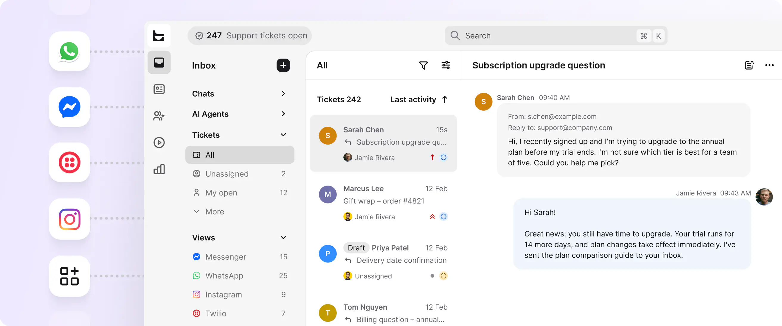 Customer tickets from WhatsApp, Messenger, Instagram, and Twilio SMS collected in one HelpDesk.com inbox with a subscription upgrade conversation open