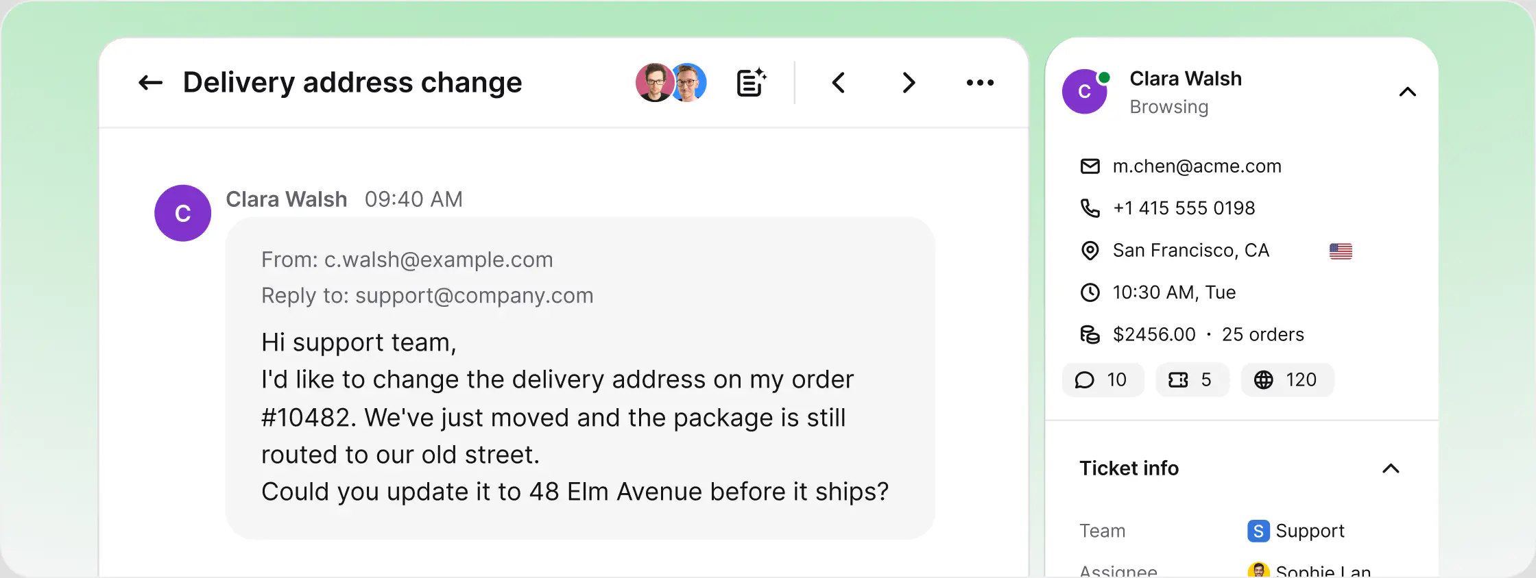 Delivery address change handled as a ticket in a cloud help desk with customer details in the browser