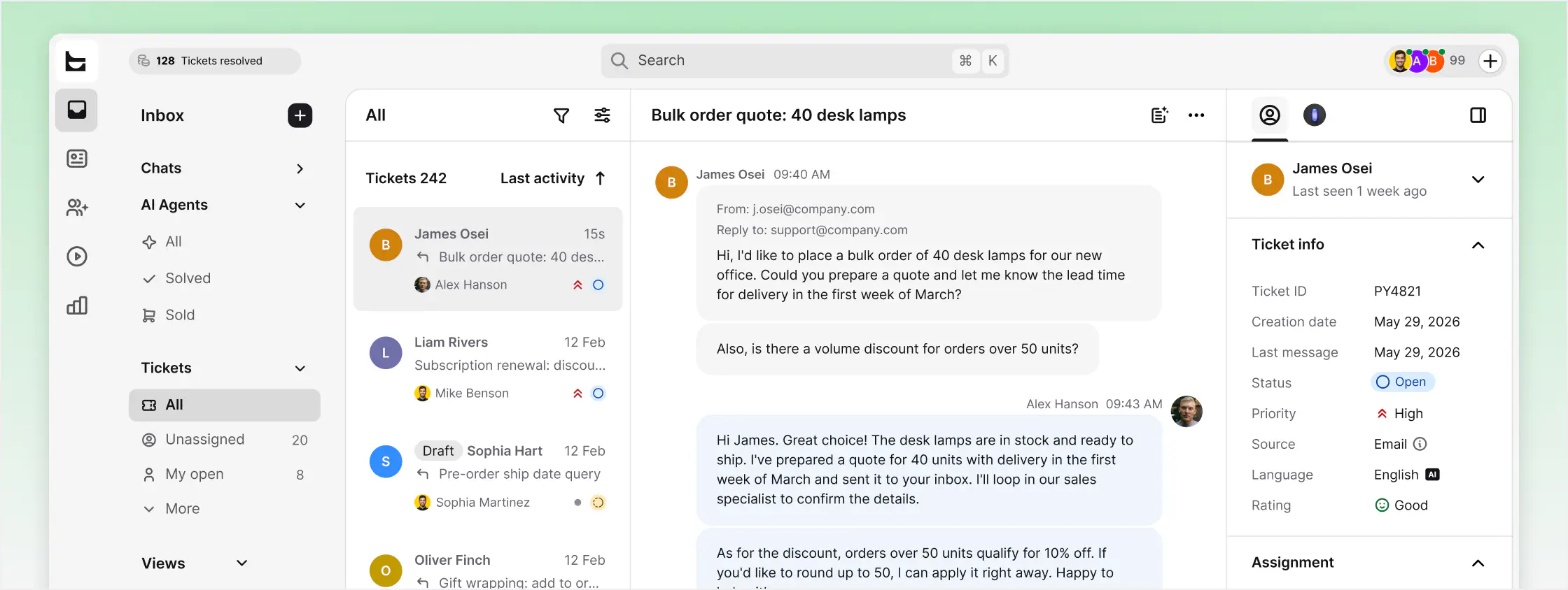 Bulk order ticket conversation with status, priority, and source details in HelpDesk.com