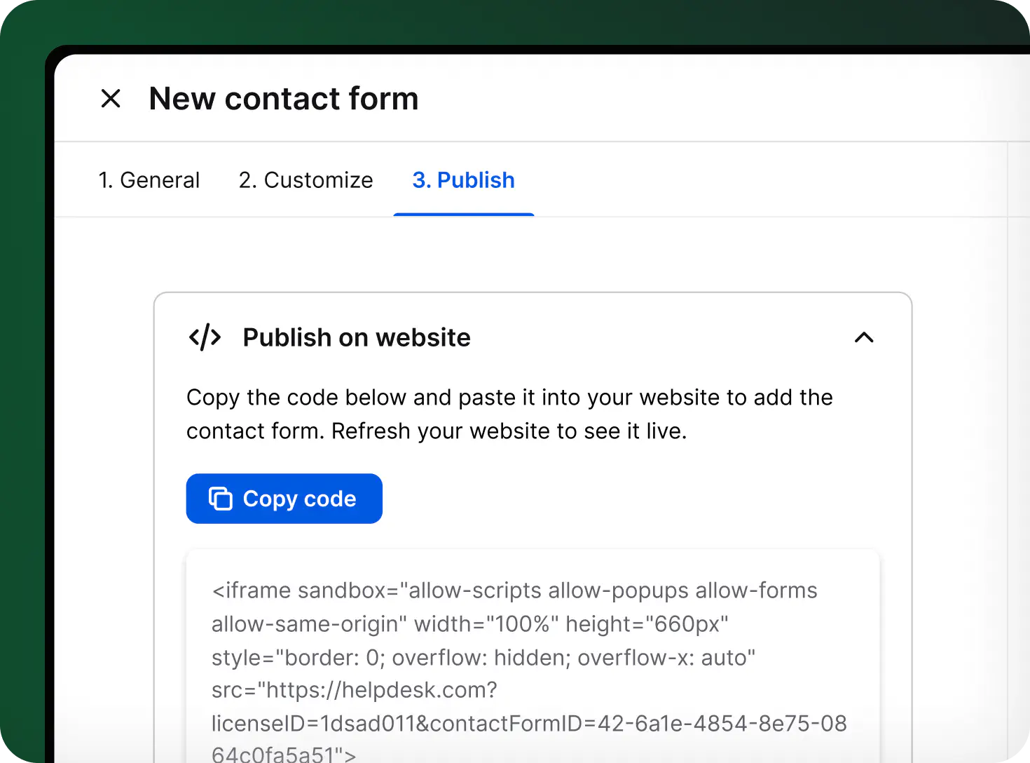 Generating code for the contact form in HelpDesk.com contact form builder