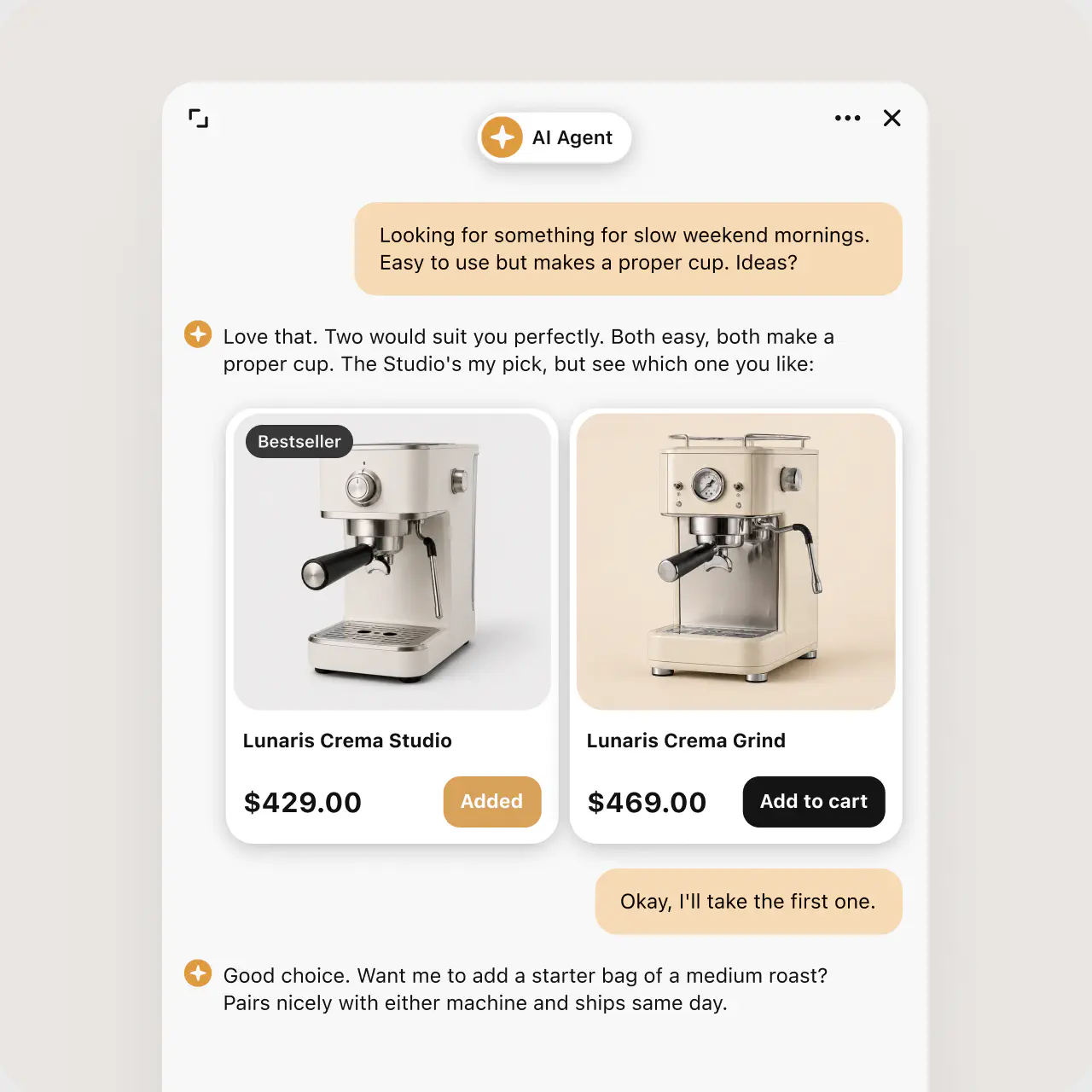 AI Agent chat recommending products a shopper can add to cart