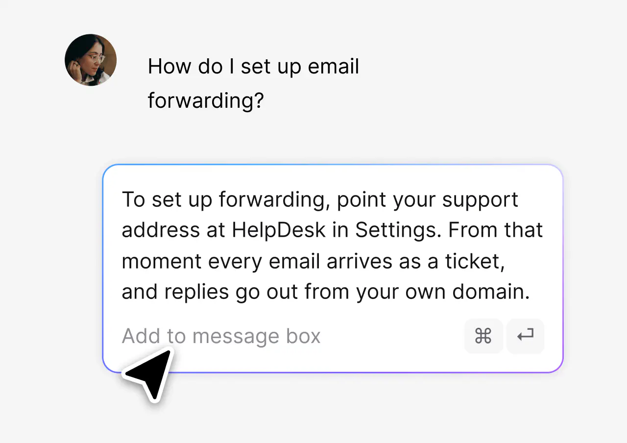 Canned response picker inserting a saved reply into an email ticket in HelpDesk.com