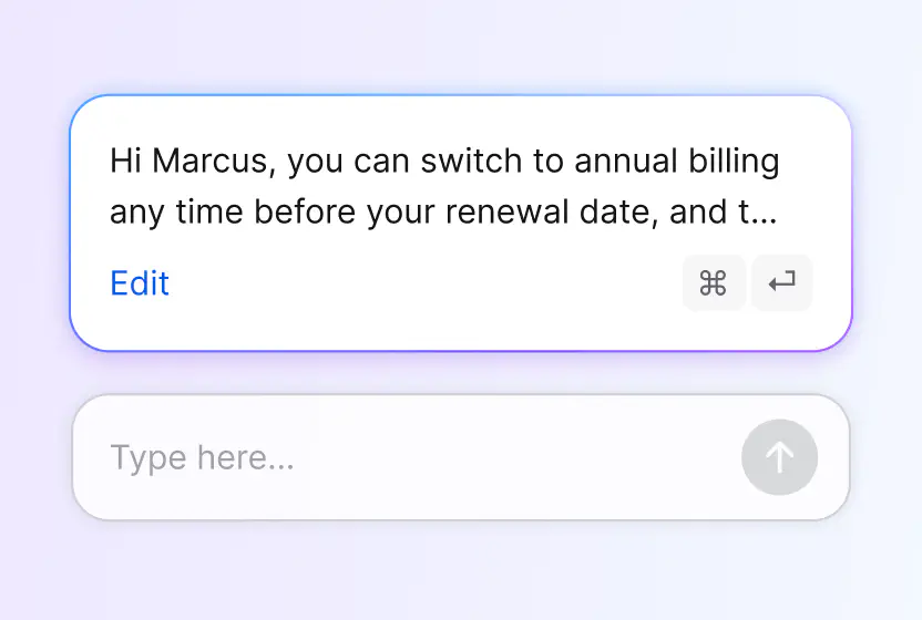 AI reply suggestion drafted for a support ticket in HelpDesk.com