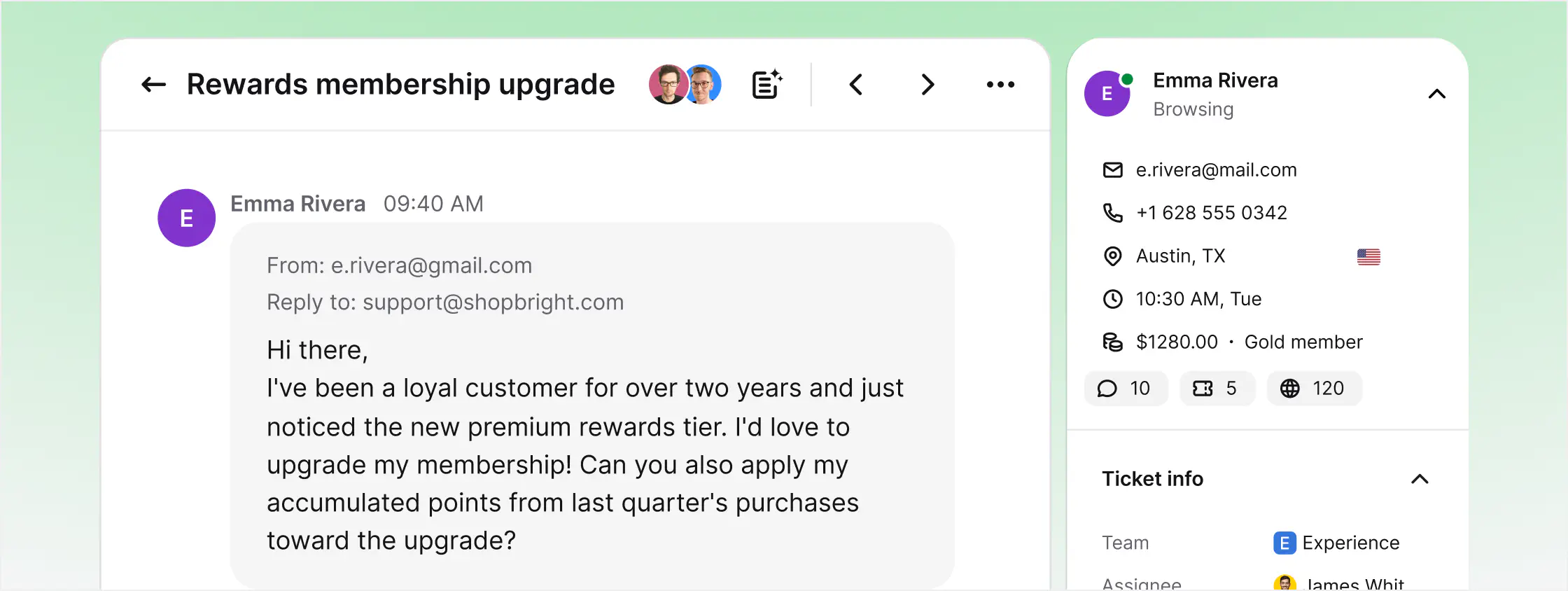 Email ticket with tags, priority, and full conversation history in HelpDesk.com