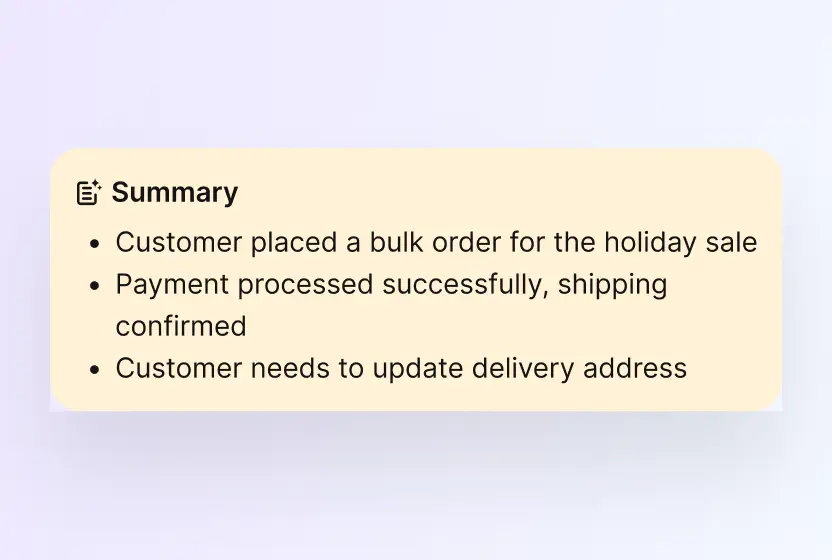 AI ticket summary listing the core issue and next steps in HelpDesk.com