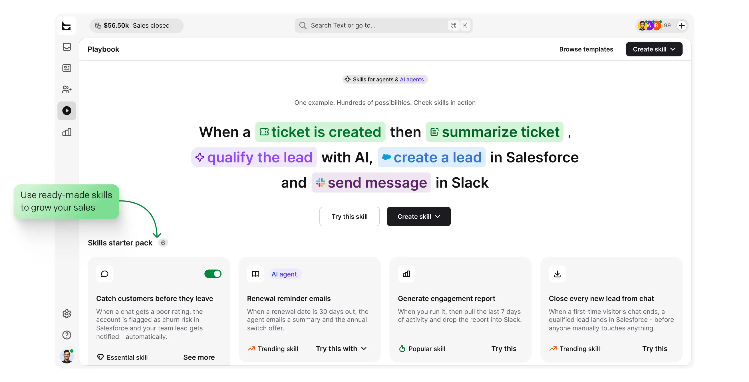 Automate: Playbook workflow turning a new ticket into a summary, a Salesforce lead, and a Slack message
