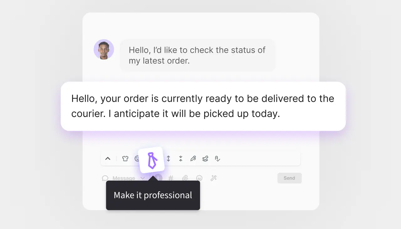 AI drafting a reply to a customer's order-status question and offering tone options like Make it professional in HelpDesk.com