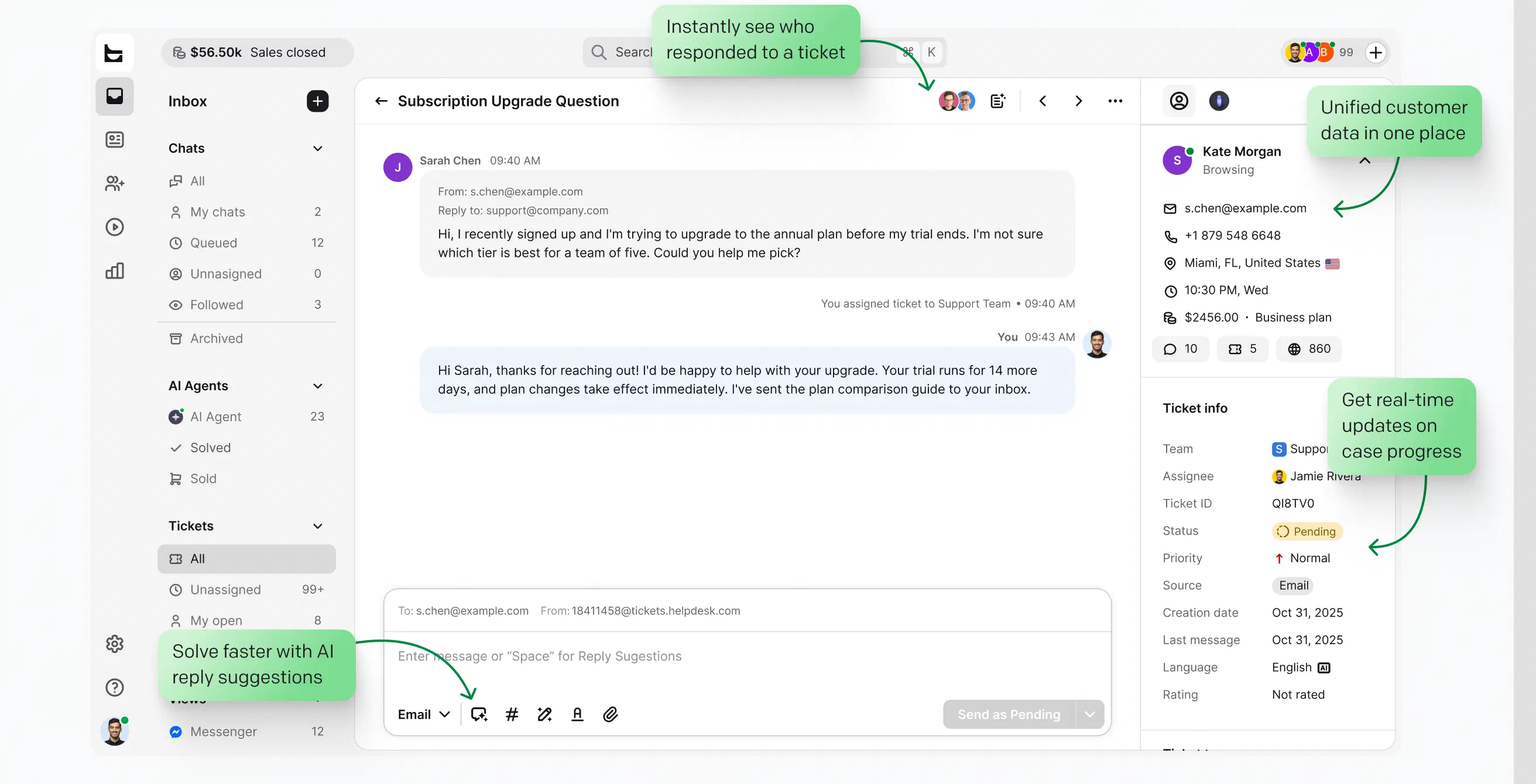 Solve: email ticket with AI reply suggestions and customer data in HelpDesk.com