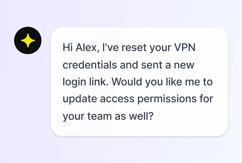 AI Agent resetting VPN credentials and offering to update team access permissions in chat in HelpDesk.com