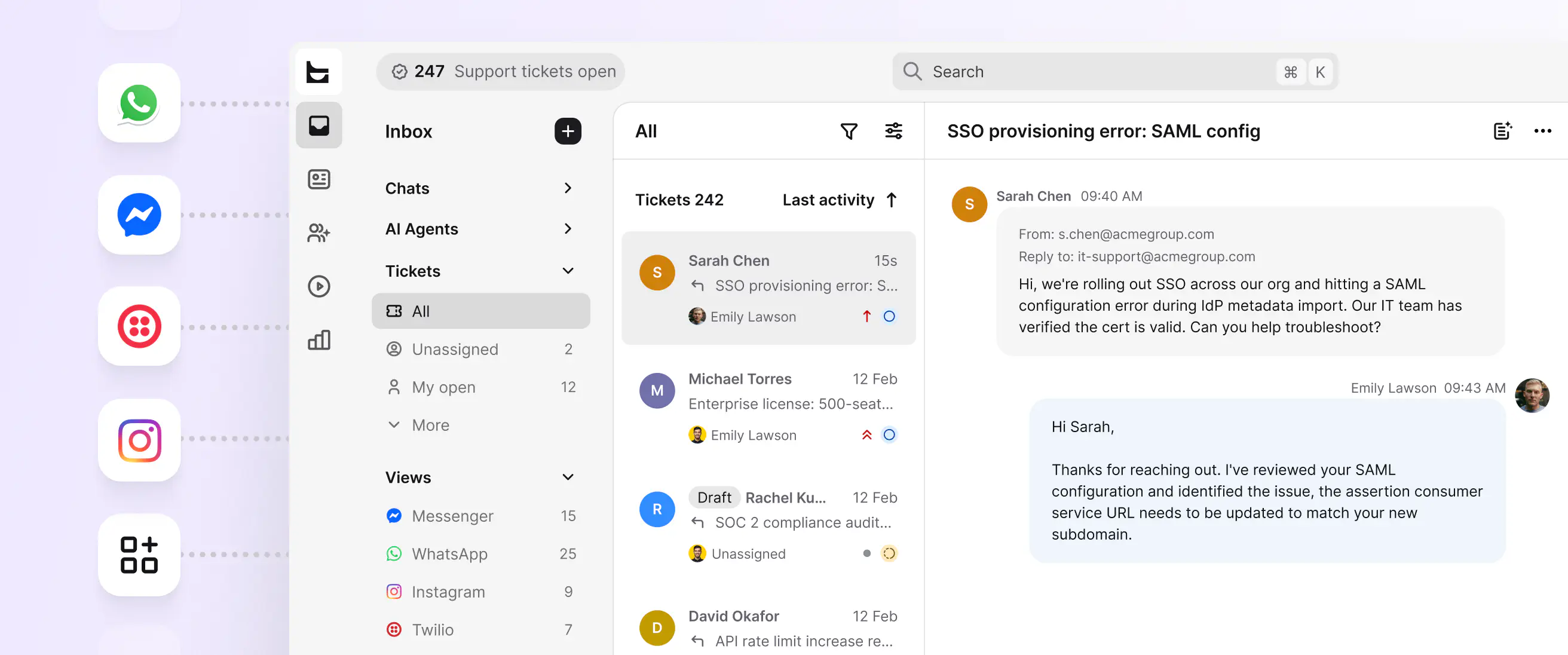 Unified enterprise help desk inbox in HelpDesk.com with tickets from email, chat, Messenger, WhatsApp, and SMS
