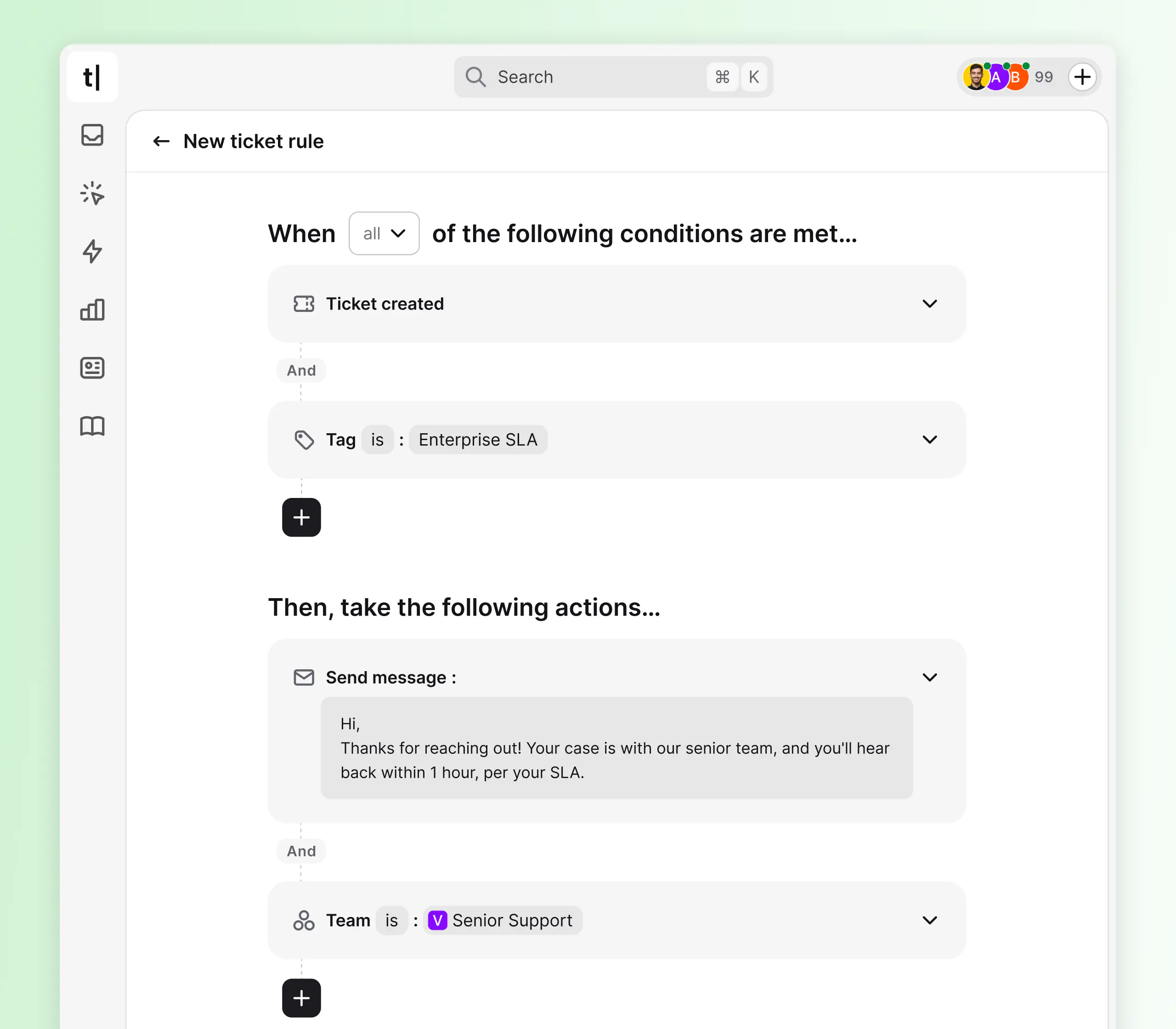 Ticket rule in HelpDesk.com routing tickets tagged Enterprise SLA to a senior support team with an automatic reply