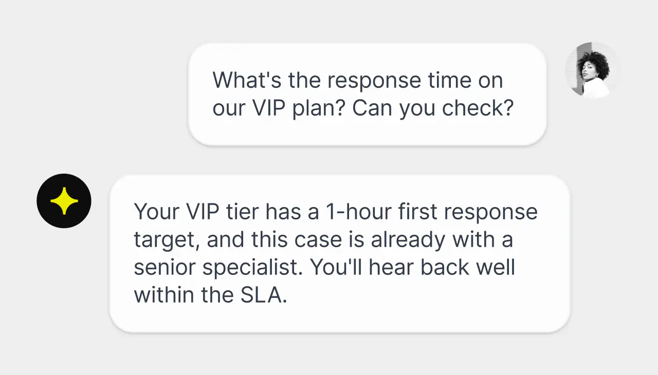 AI reply confirming a VIP ticket is on track against its one-hour SLA target in HelpDesk.com