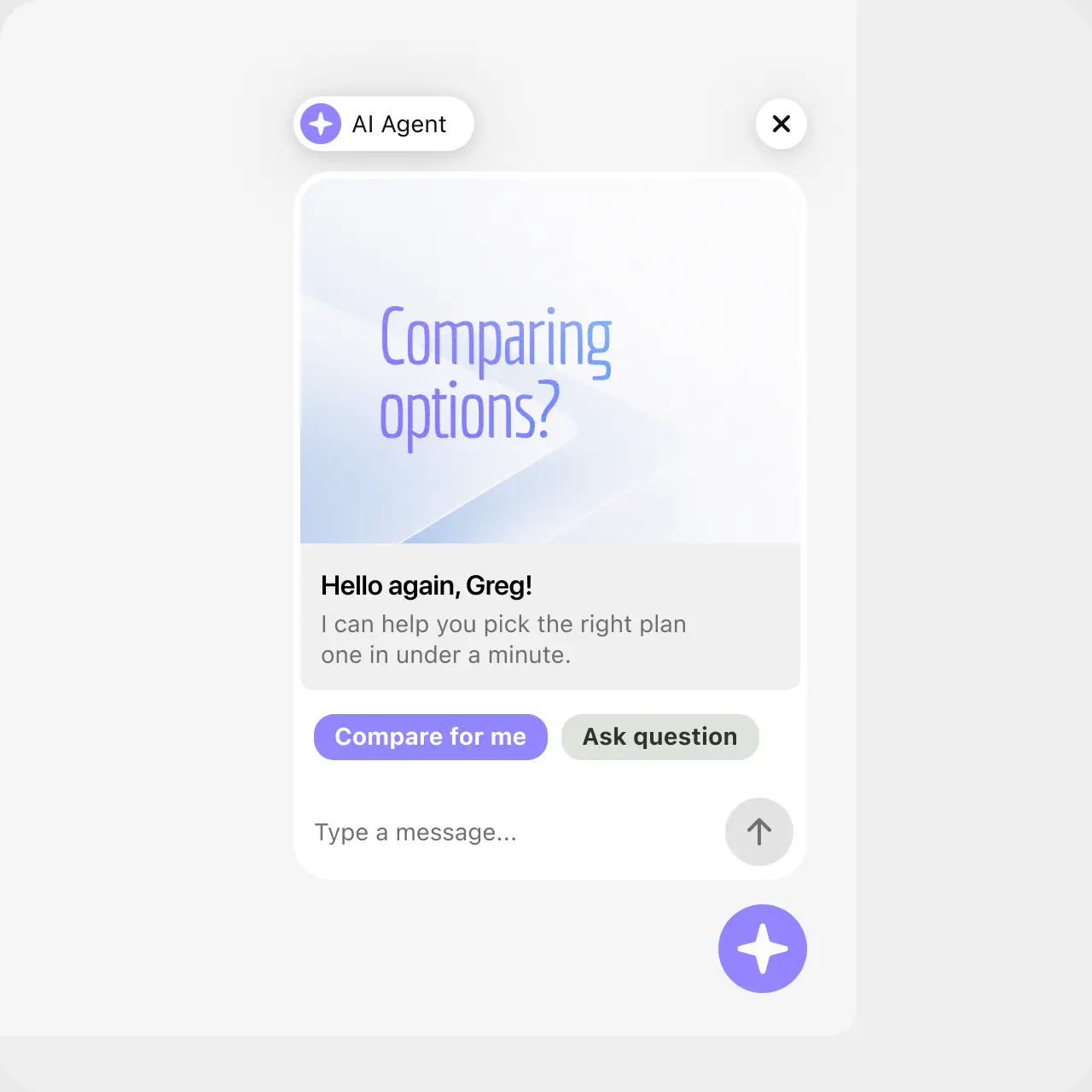 AI agent widget proactively offering plan comparison help to a returning visitor