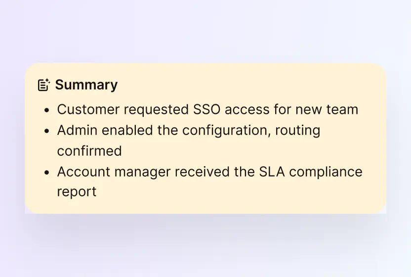 AI ticket summary listing the core issue and next steps in HelpDesk.com
