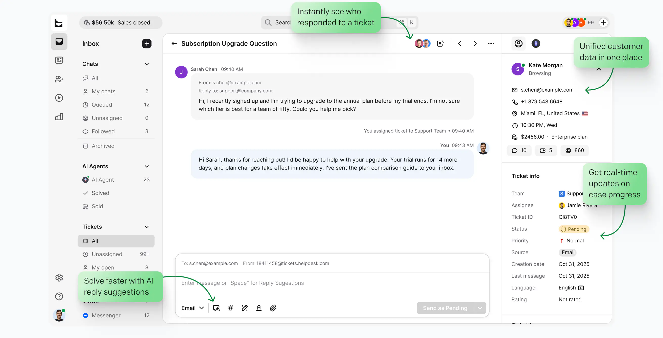 Solve — support ticket with AI reply suggestions and unified customer data in HelpDesk.com