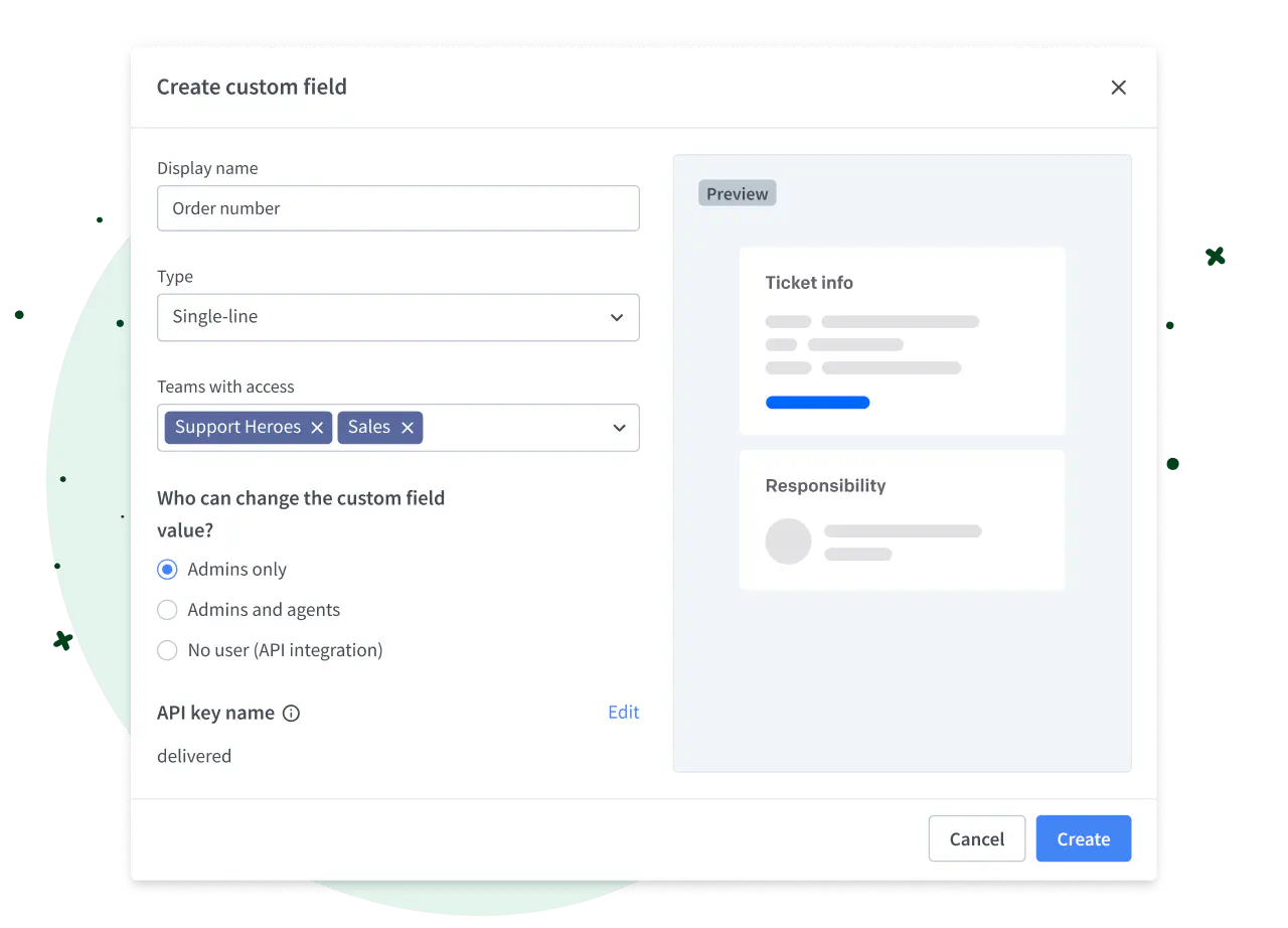 A panel for creating and editing custom fields in HelpDesk.com.
