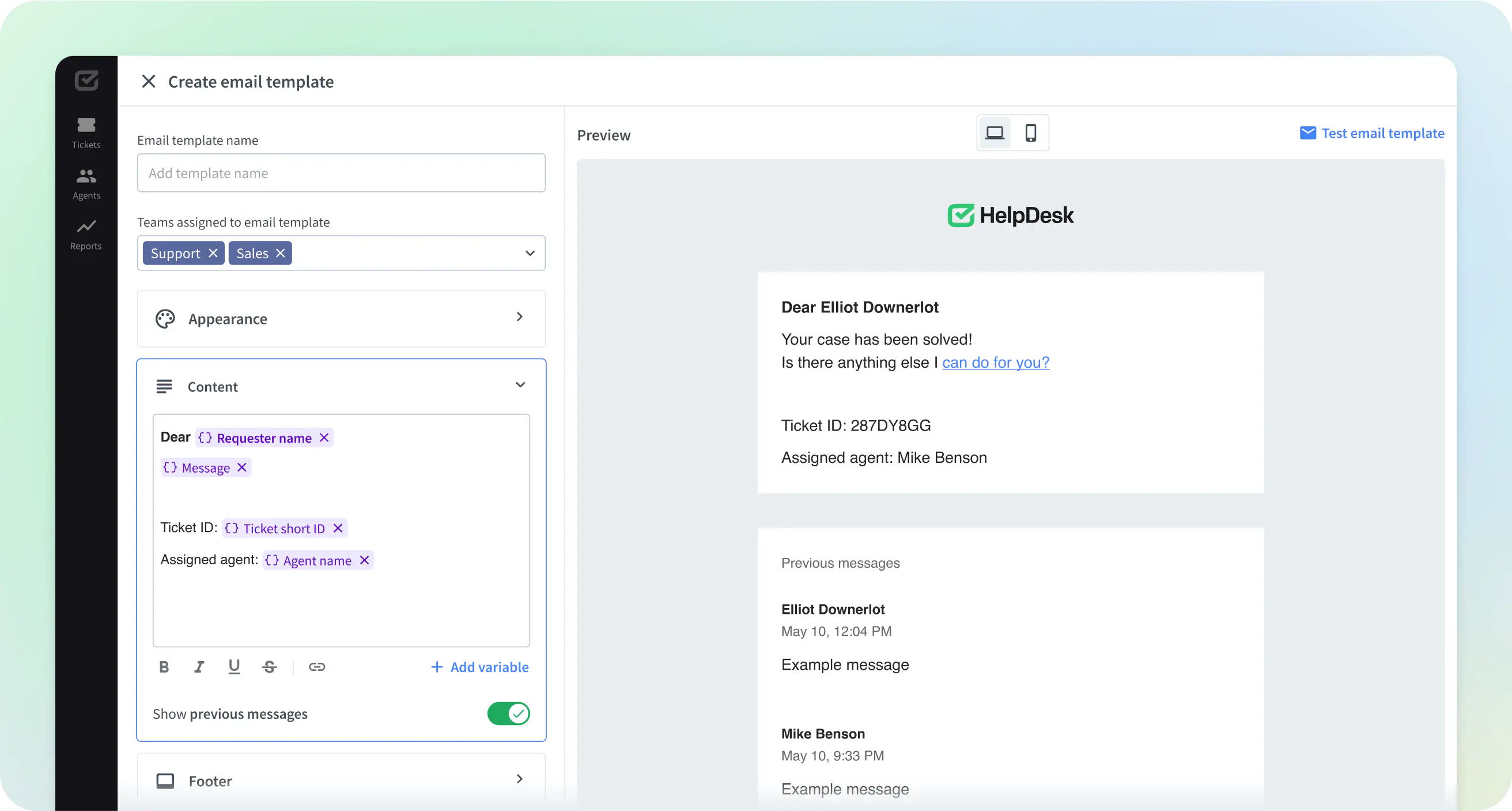 Example of an email template created by the visual email template builder in HelpDesk.com