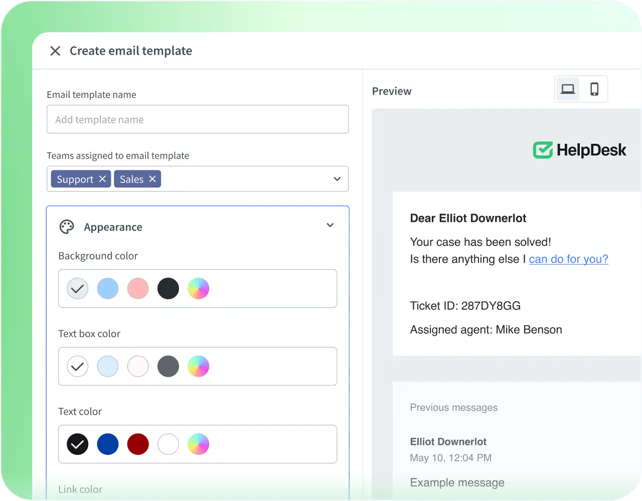 The 'Appearance' settings in the visual email template builder when creating email templates in HelpDesk.com.