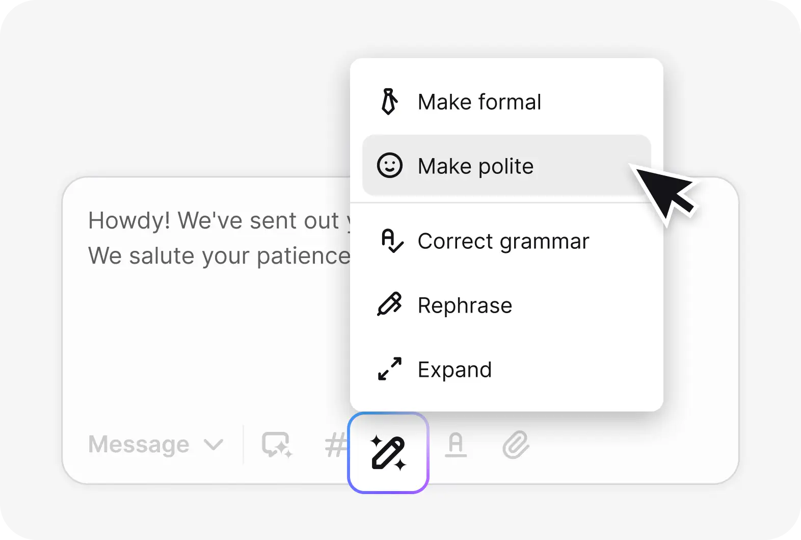 AI text enhancements polishing a ticket reply in HelpDesk.com