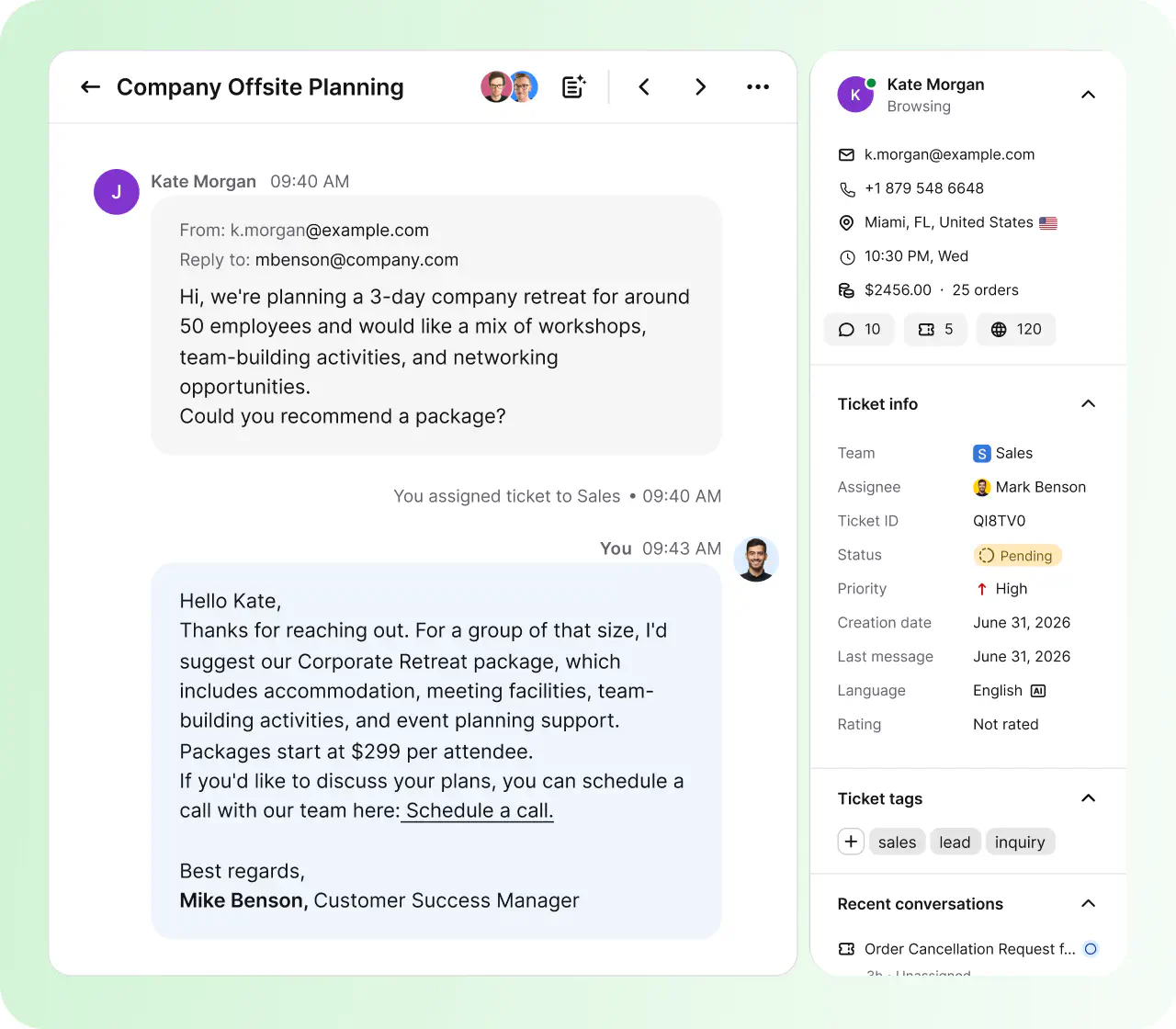 HelpDesk.com ticket view with a resolved customer conversation, ticket details, and tags