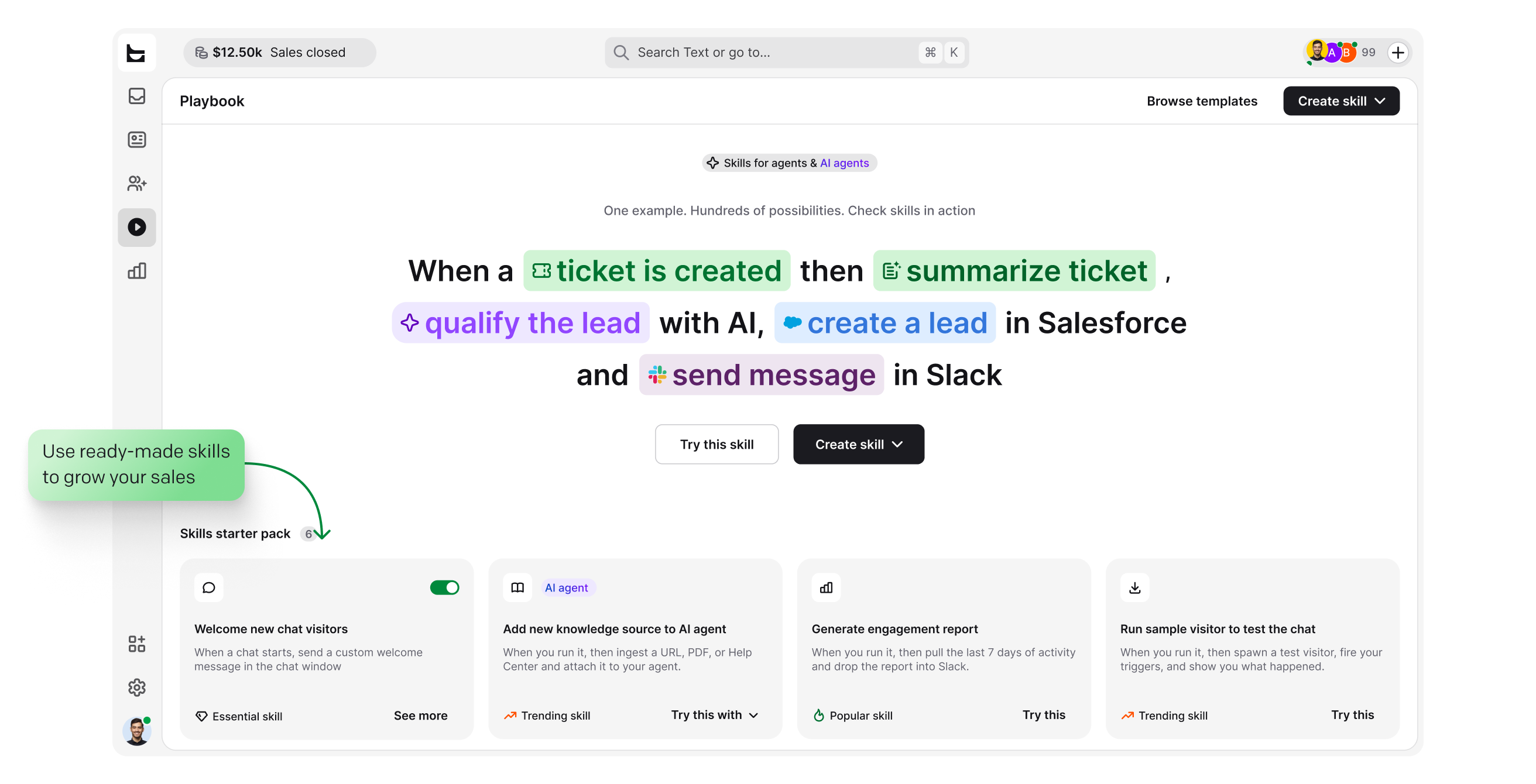 Skill builder in HelpDesk.com turning a new ticket into an AI summary, a Salesforce lead, and a Slack message