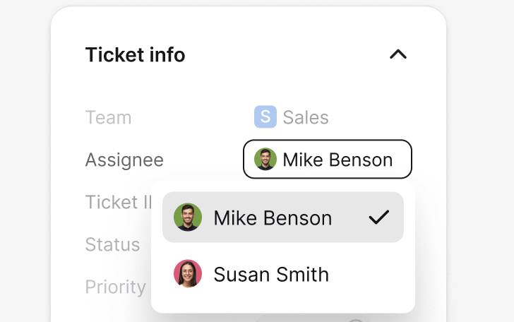 Assignee picker routing a ticket to a teammate in HelpDesk.com