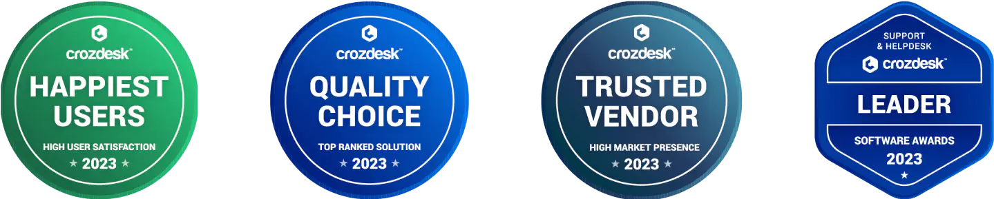 HelpDesk.com awards: Happiest Users 2023 for High User Satisfaction, Quality Choice 2023, Trusted Vendor 2023, Leader 2023 on Crozdesk