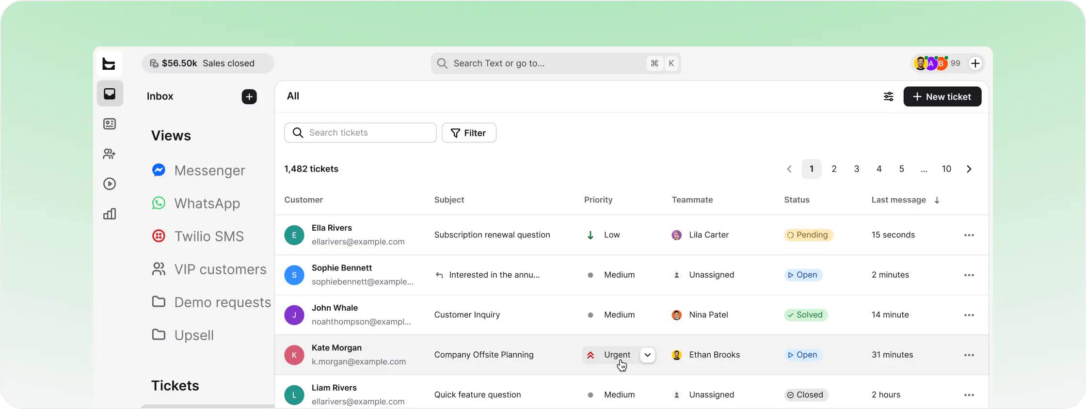 Ticket list in HelpDesk.com small business help desk software with priorities, teammates, and statuses