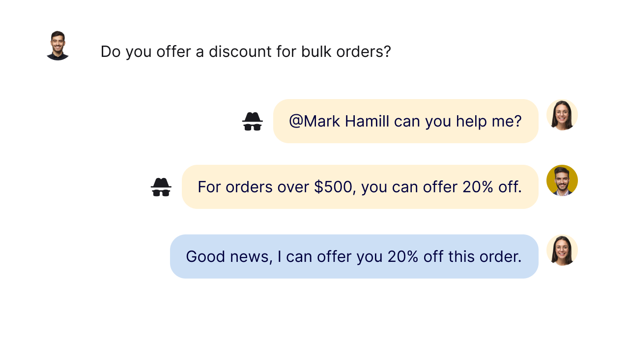 Collaborate — private notes and team mentions helping agents resolve a bulk order query