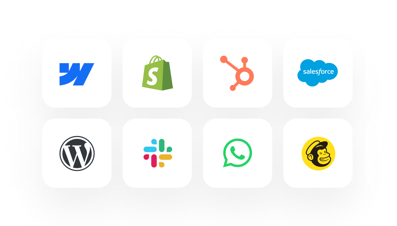 Workflows — HelpDesk Playbook connecting to Webflow, Shopify, HubSpot, Salesforce, WordPress, Slack, WhatsApp and Mailchimp