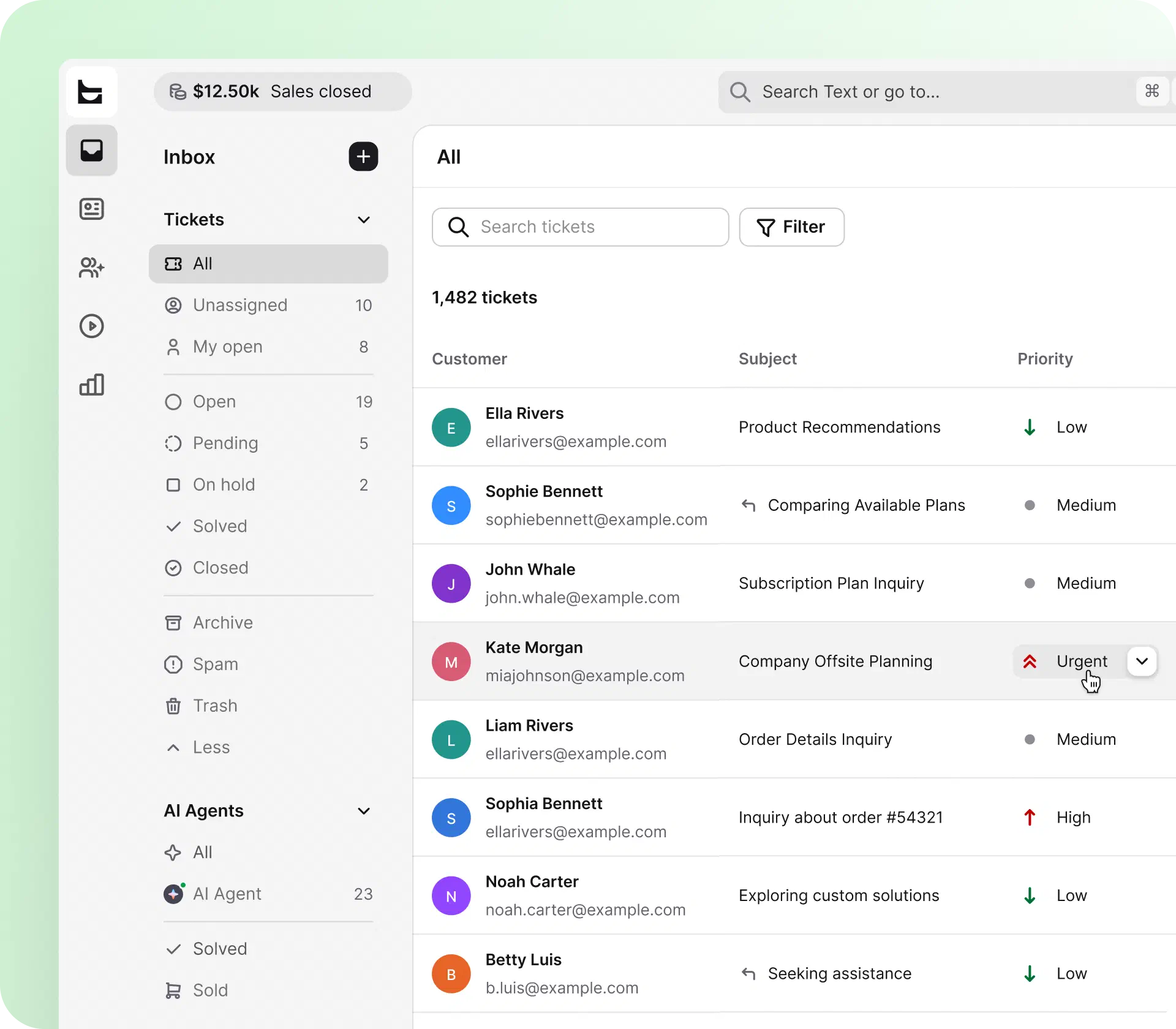 HelpDesk.com ticket inbox showing AI-assisted support with 1,482 tickets, priority filtering, and multichannel views
