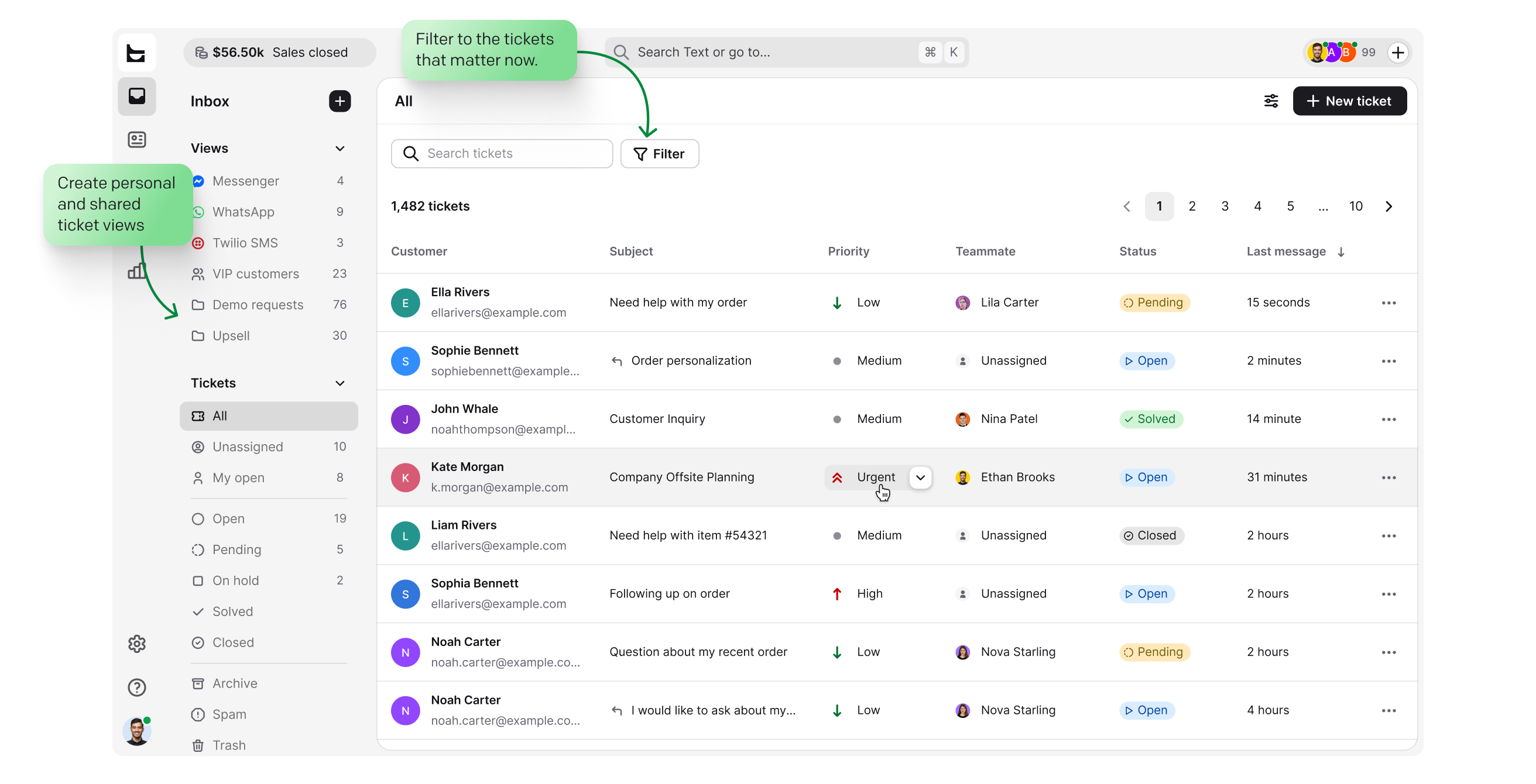 Capture — ticket inbox showing all incoming support requests with filtering and views in HelpDesk