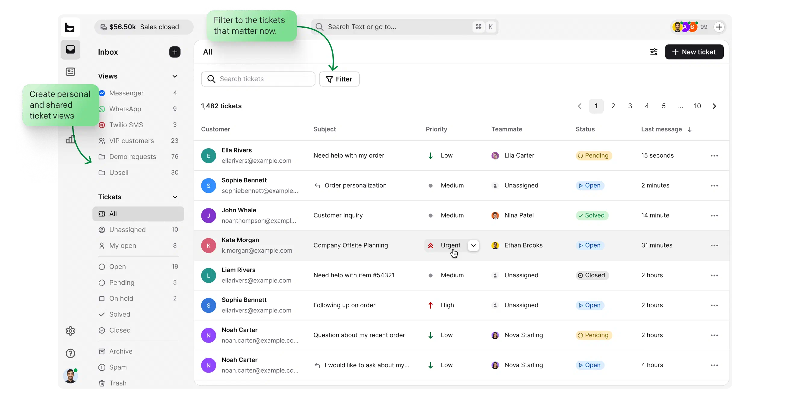 Capture — ticket inbox showing all incoming support requests with filtering and views in HelpDesk.com